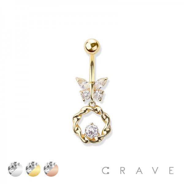GEM PAVED BUTTERFLY 316L SURGICAL STEEL CZ CENTERED LOOP DANGLE NAVEL RING